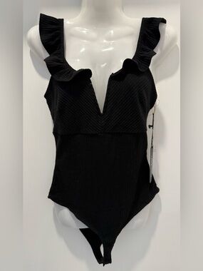 Haute Monde Women’s Black Ruffled V-Neck Bodysuit